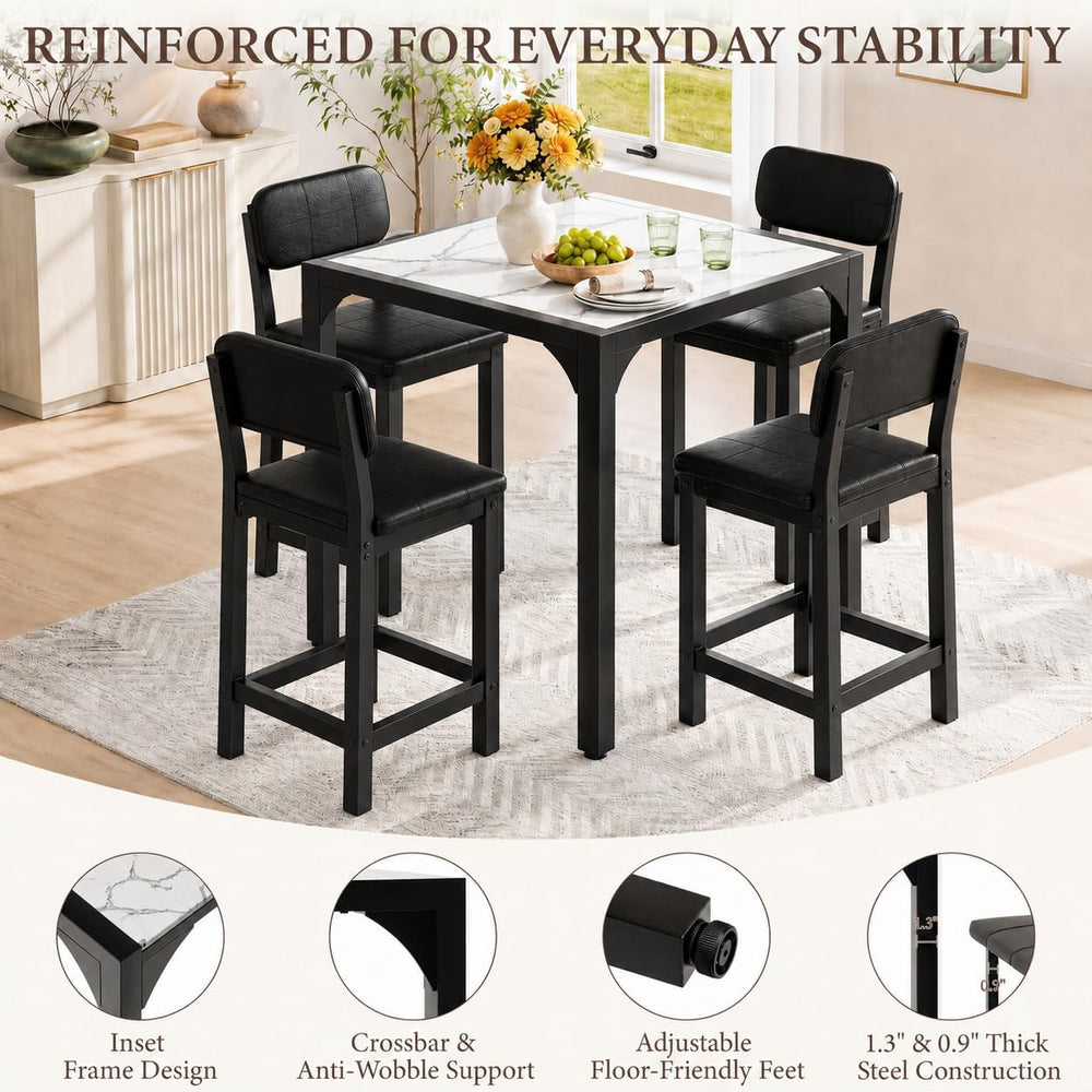 5-Piece Counter Height Dining Table Set for 4, Marble-Look, Black