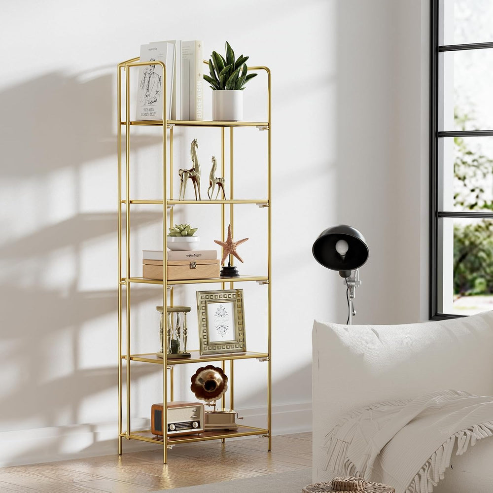 5-Tier Foldable Bookshelf, Gold Frame & Walnut Shelves