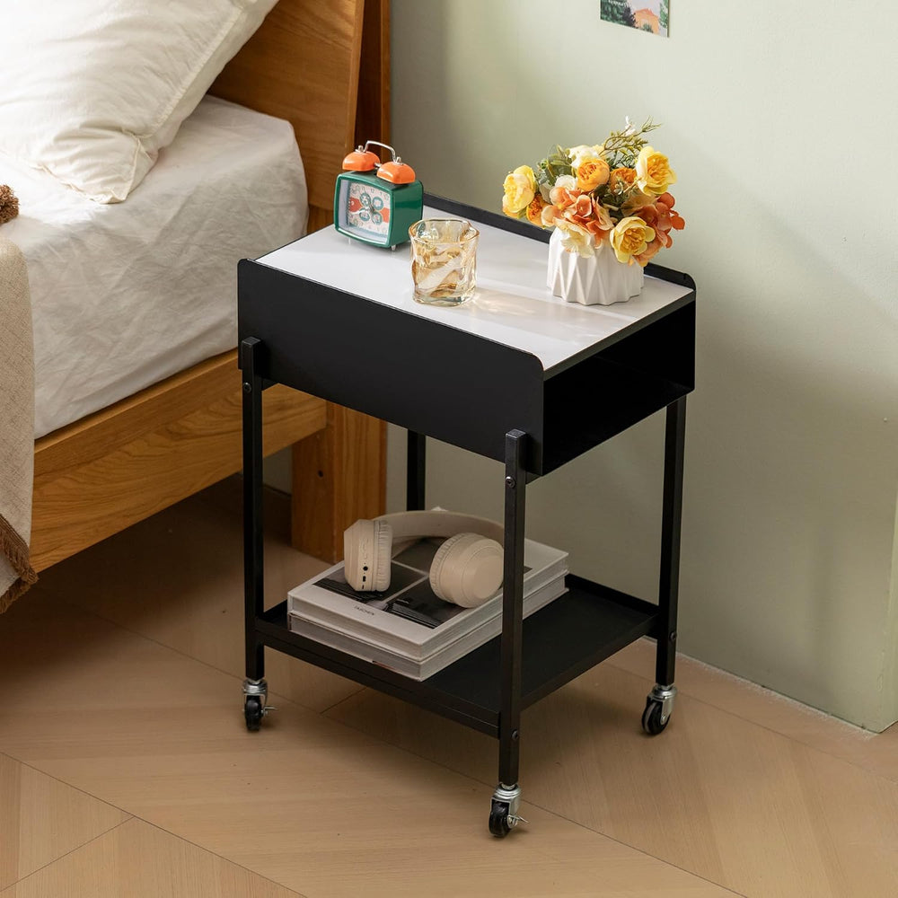 Rolling End Table with Wheels 3-Tier Narrow Side Table Black