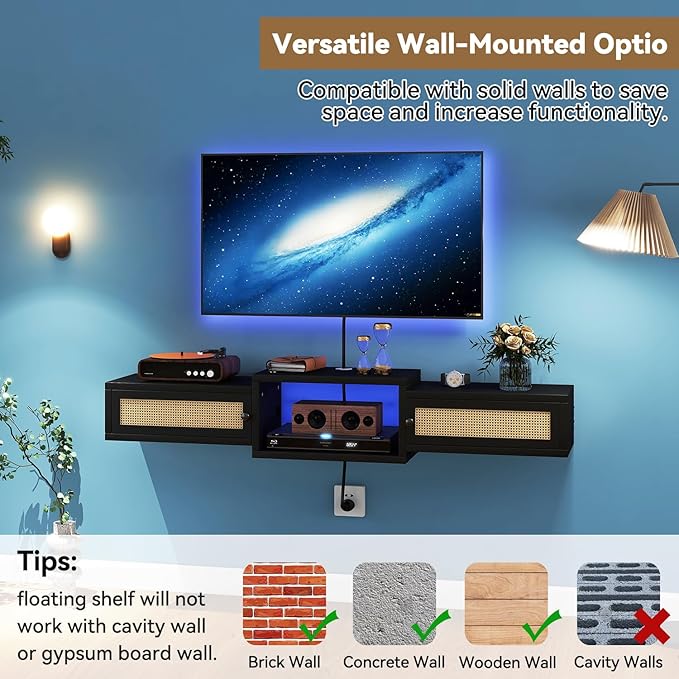 IBUYKE Modern Rattan Floating TV Stand with Doors,Wall Mounted TV Shelf for T...