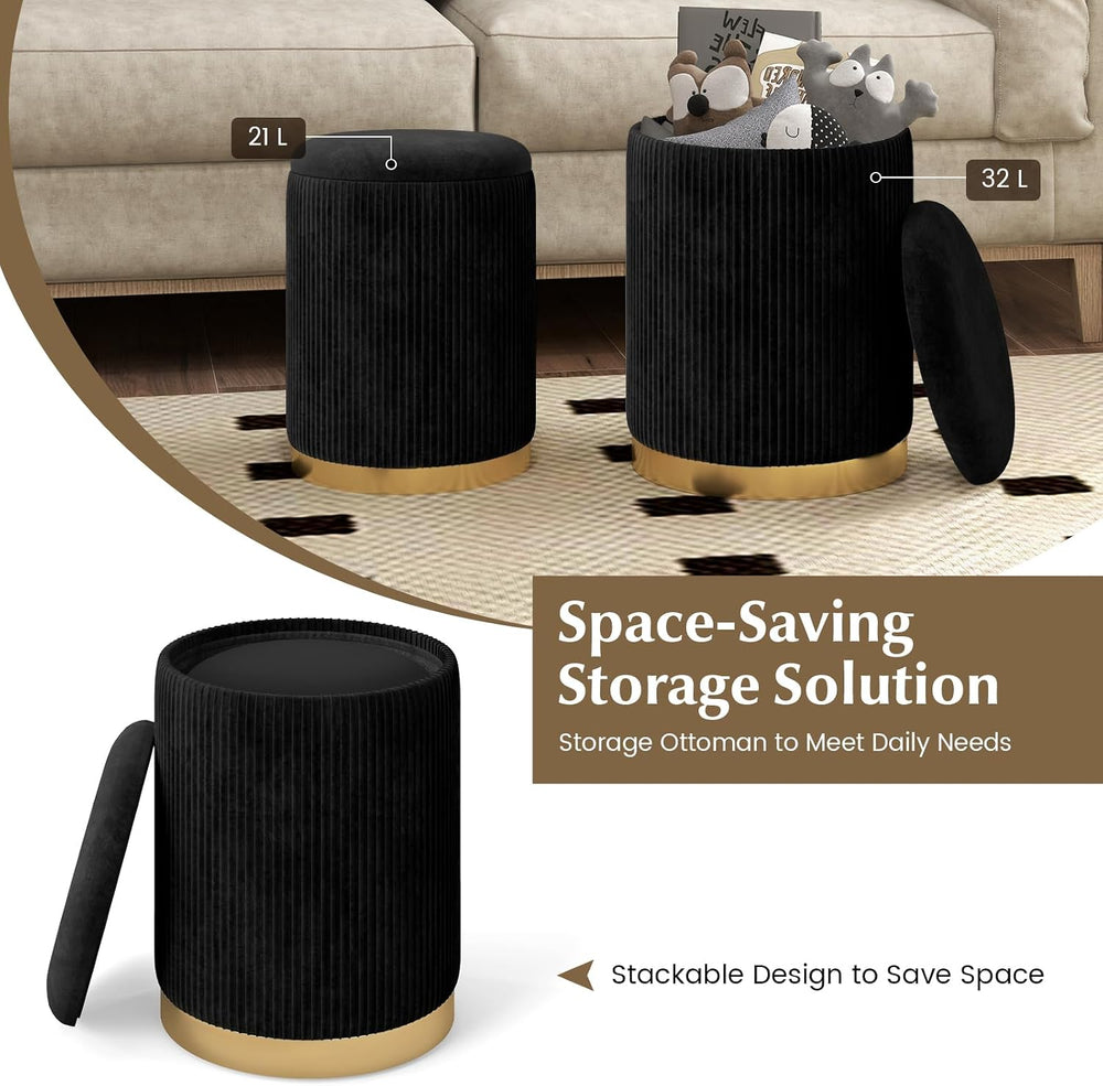 GOFLAME Round Velvet Storage Ottoman Set of 2, Upholstered Footrest with Gold...
