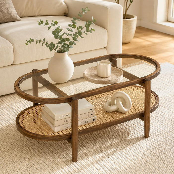 NAFORT Rattan Coffee Table, 2-Tier Oval Modern Center Table with Tempered Glass Top, Acacia Wood Frame & PE Woven Shelf for Living Room, Brown, 40 Inch