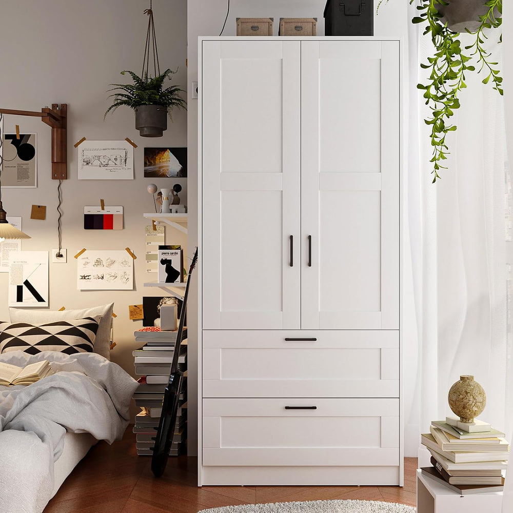 Fenghua Lizhi Wood White Wardrobe Closet with 2 Doors and 2 Drawers,Bedroom F...