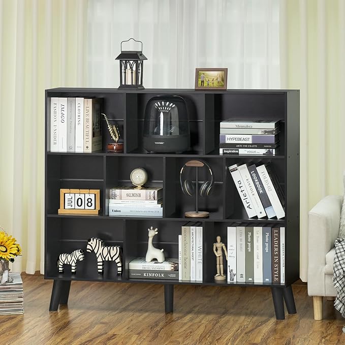 YAHARBO 10 Cube Bookshelf,3 Tier Bookcase with Legs,Black Mid-Century Modern ...