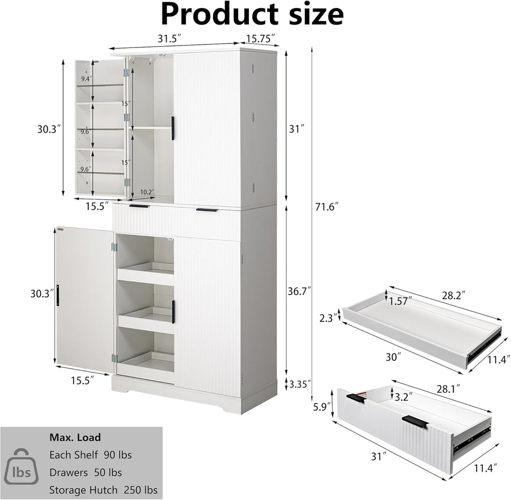 Modern Kitchen Pantry Cabinet, 71" Height Tall Freestanding Cupboard wit...
