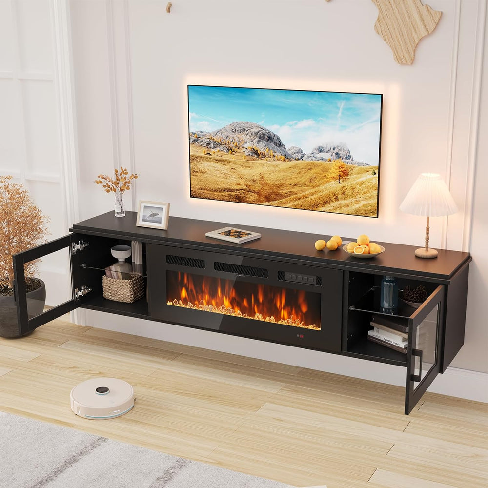 80" Floating TV Stand with 36" Electric Fireplace, Brown & Blac...