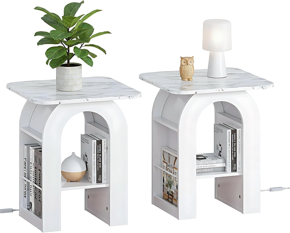 Furnaza End Table Set of 2,Marble Top Beside Table with LED Stip,Nightstand S...