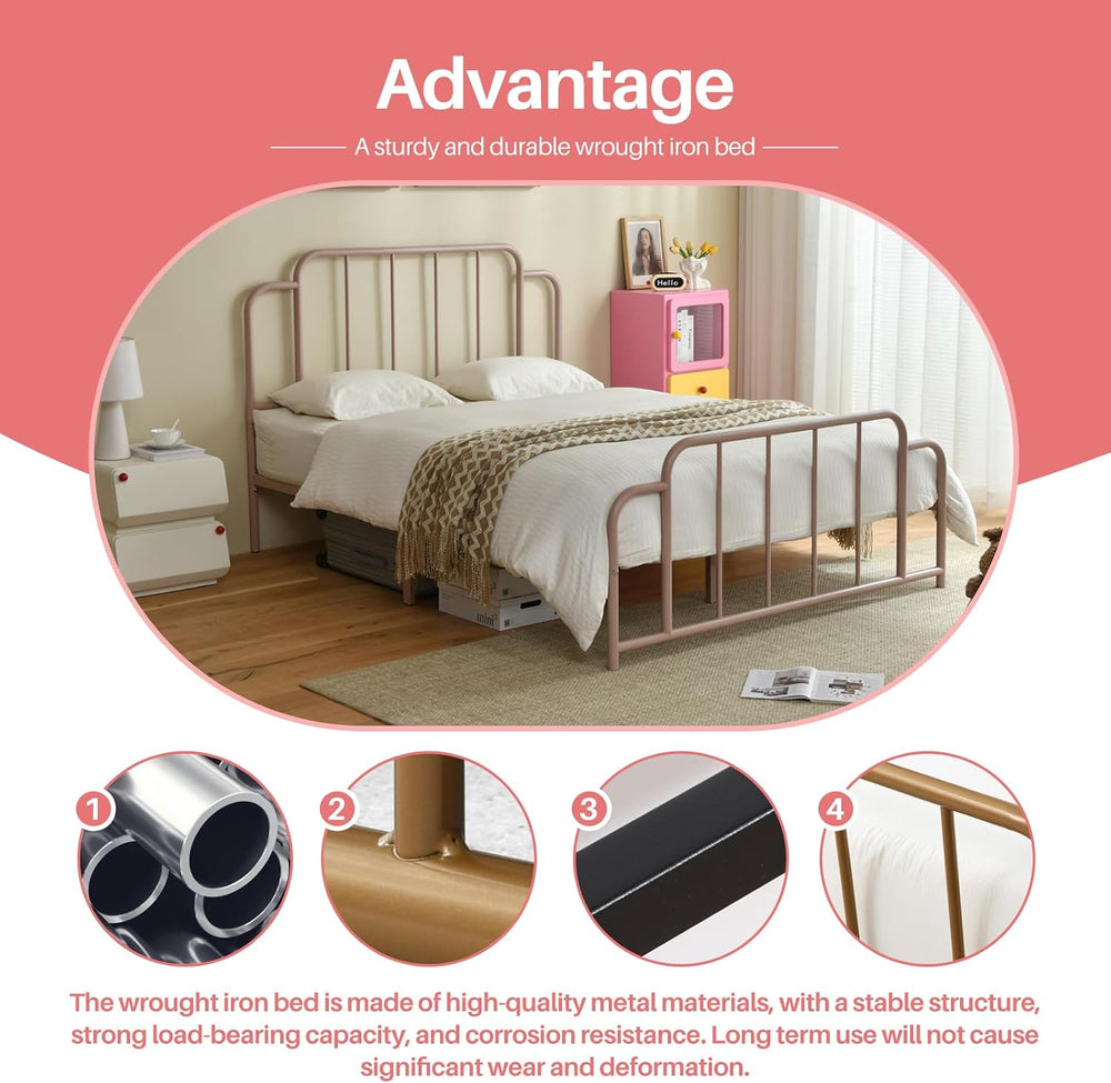 PINJU Pink Bed Frame,Full Size Metal Bed with Headboard and Footboard