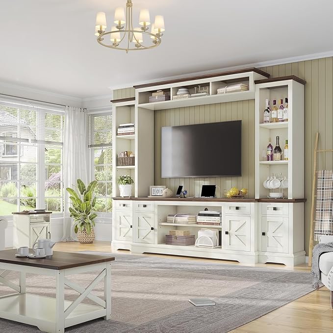 AMERLIFE 98" Farmhouse Wall Unit Entertainment Center with Bookshelves, ...