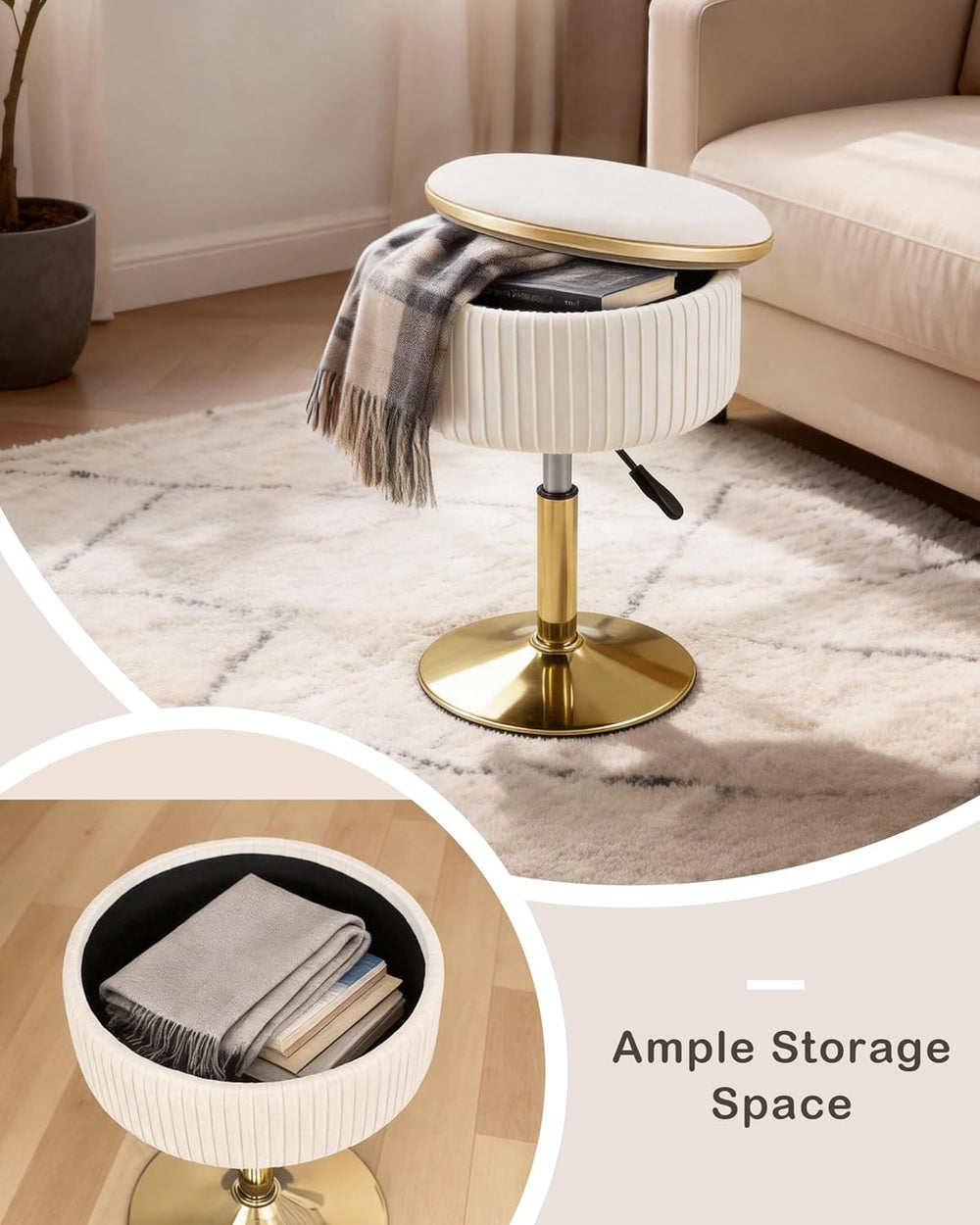 LITZFUR Adjustable Vanity Stool with Storage, 360° Swivel Gold Chair, Velvet ...