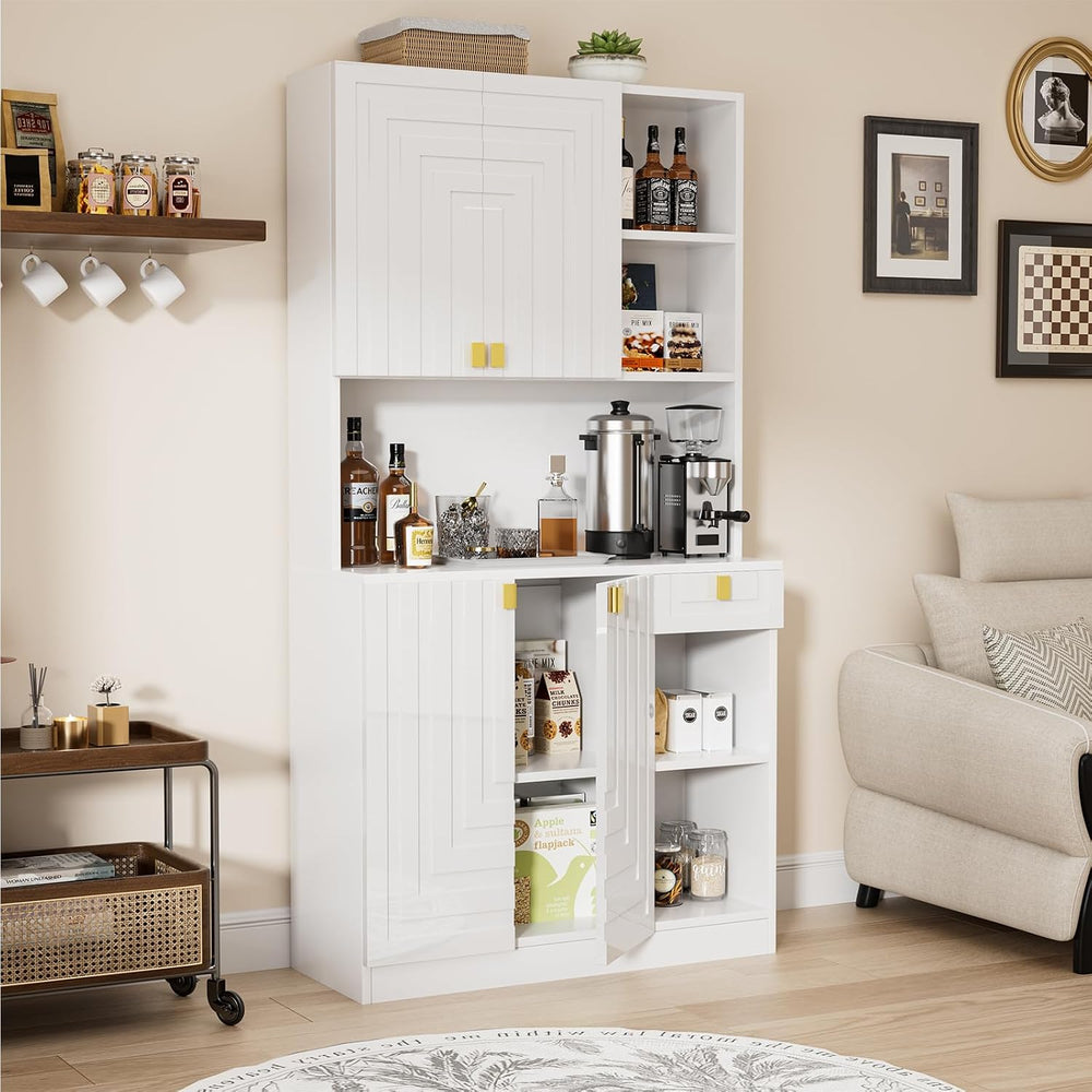 White Kitchen Pantry Cabinet, 71" Hutch Cabinet with Countertop & Po...