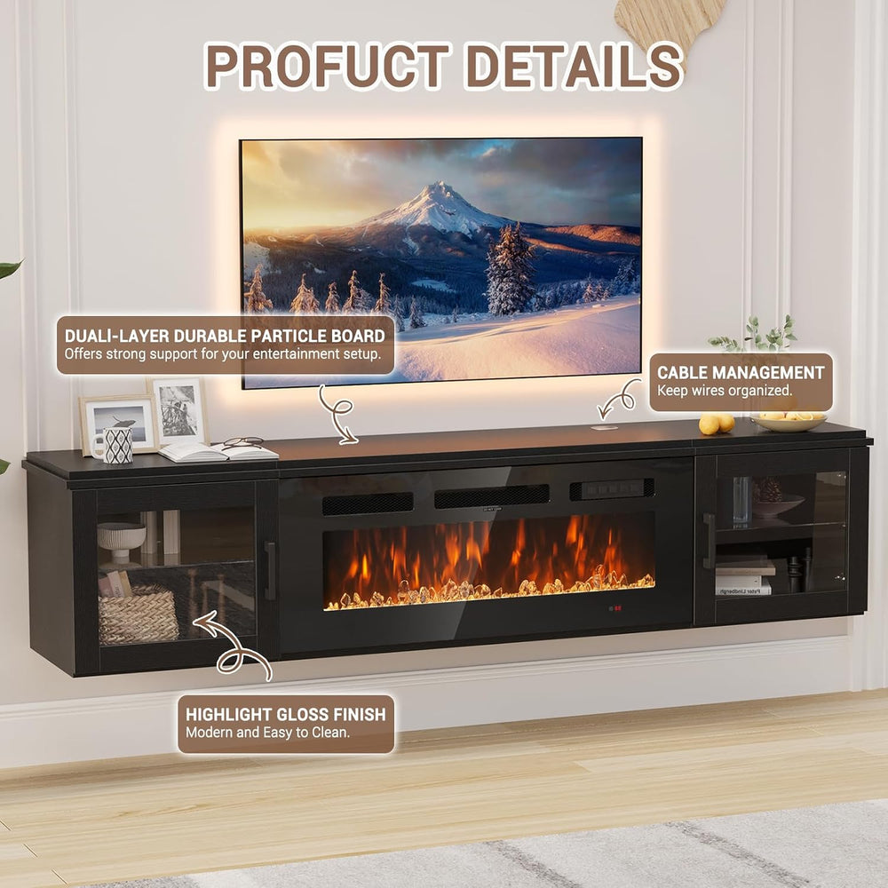 80" Floating TV Stand with 36" Electric Fireplace, Brown & Blac...