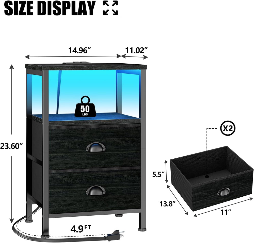 Furologee Nightstands Set of 2, End Tables with Charging Station and LED Ligh...
