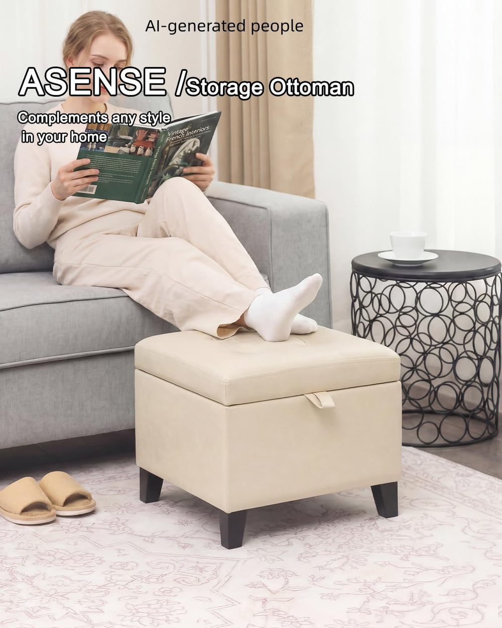 Asense 17 Inch Storage Ottoman Foot Rest,Square Faux Leather Foot Stool,Small...