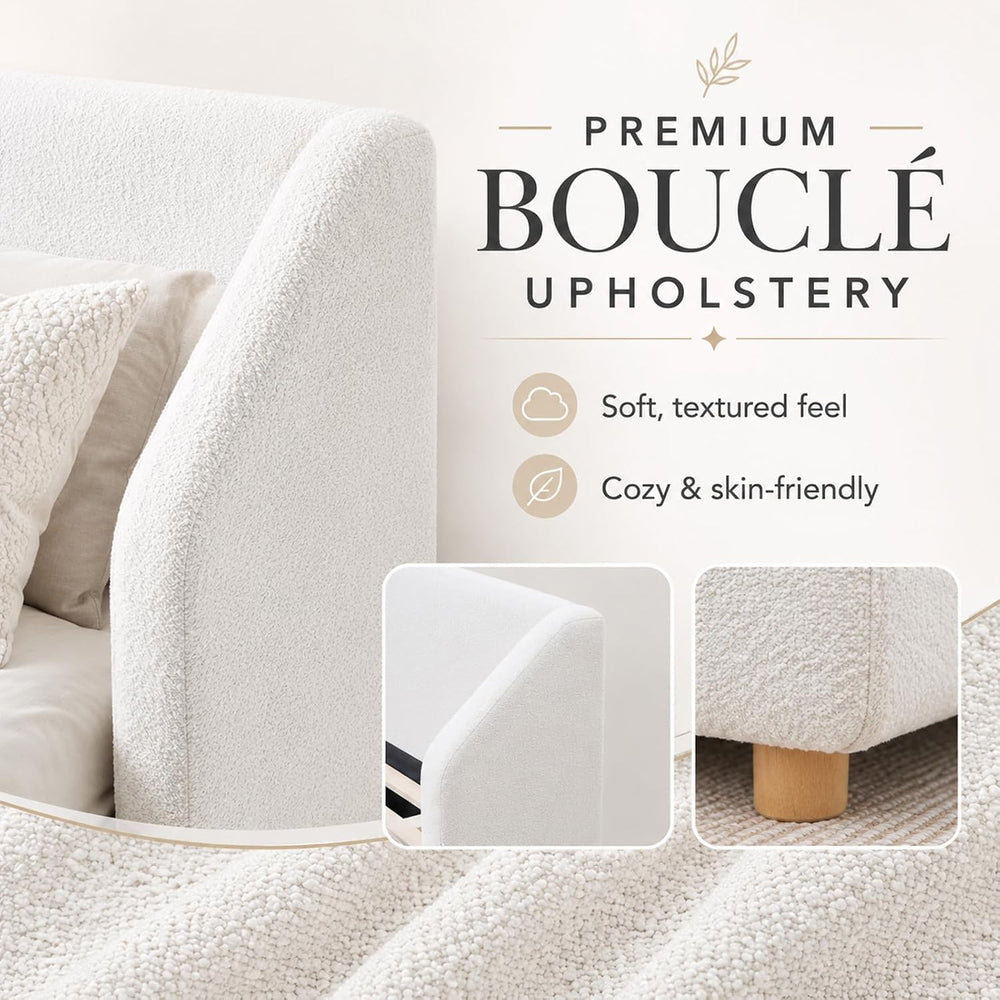 Queen Bed Frame,Extra-Wide Wingback Headboard,Boucle Fabric,White