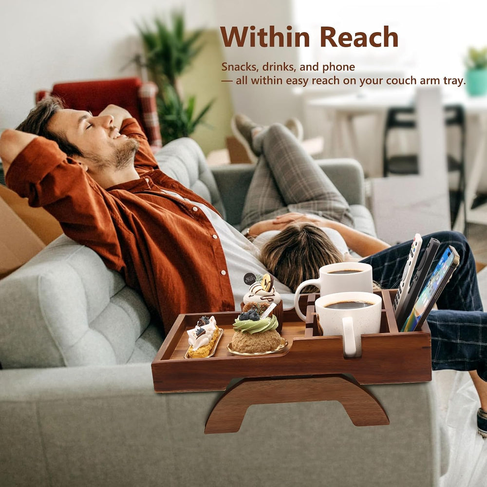Couch Arm Table with Dual Cup Holders, Acacia Wood Sofa Arm Tray | Fits armle...