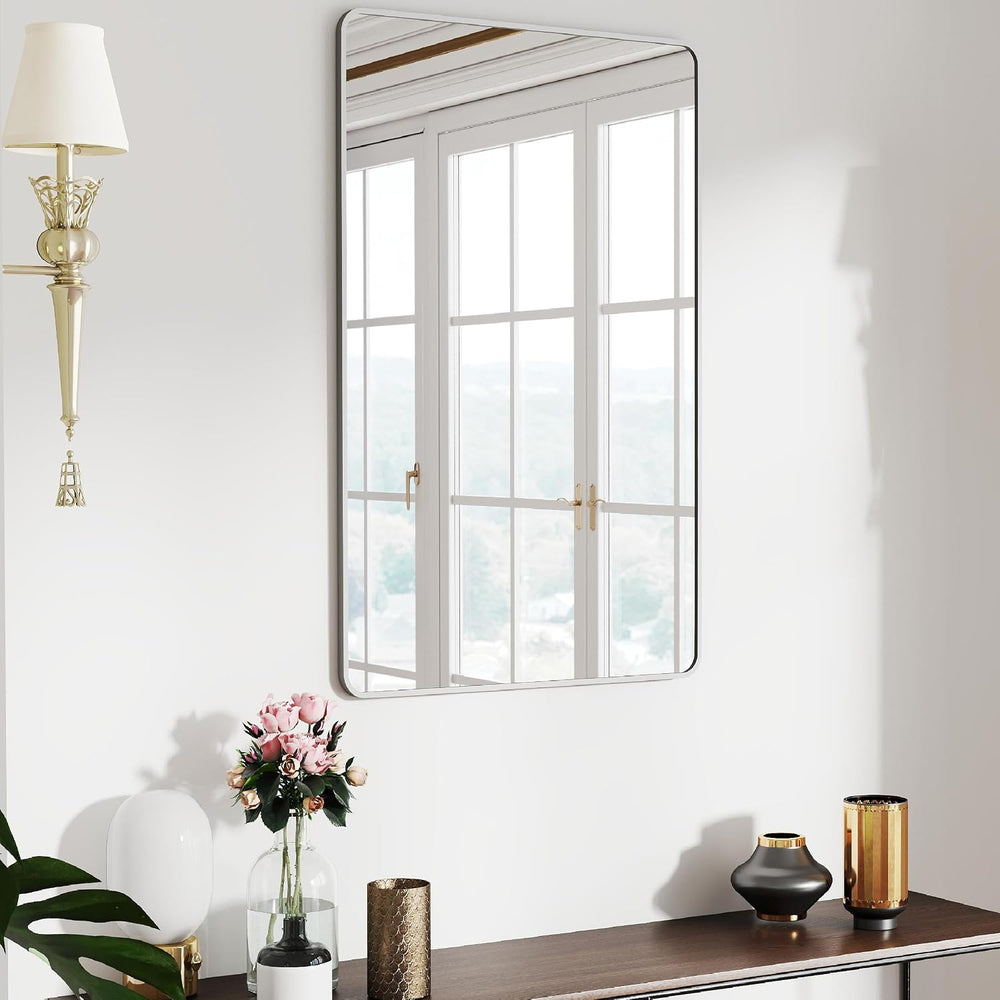 36x24 Bathroom Mirror Rect Wall Mounted Aluminum Metal Frame Silver