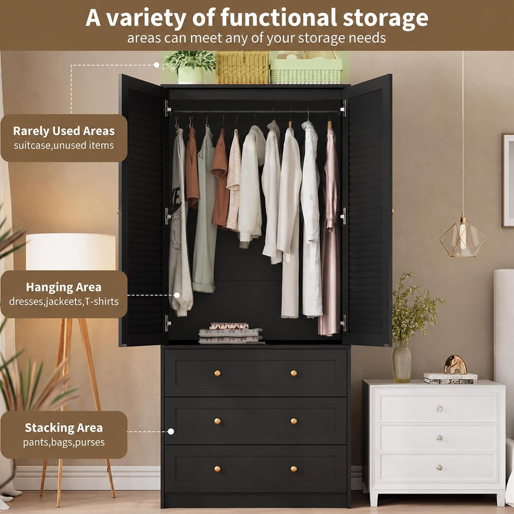 GarveeHome 70" Wardrobe Armoire Wooden Closet with 3 Drawers, Black