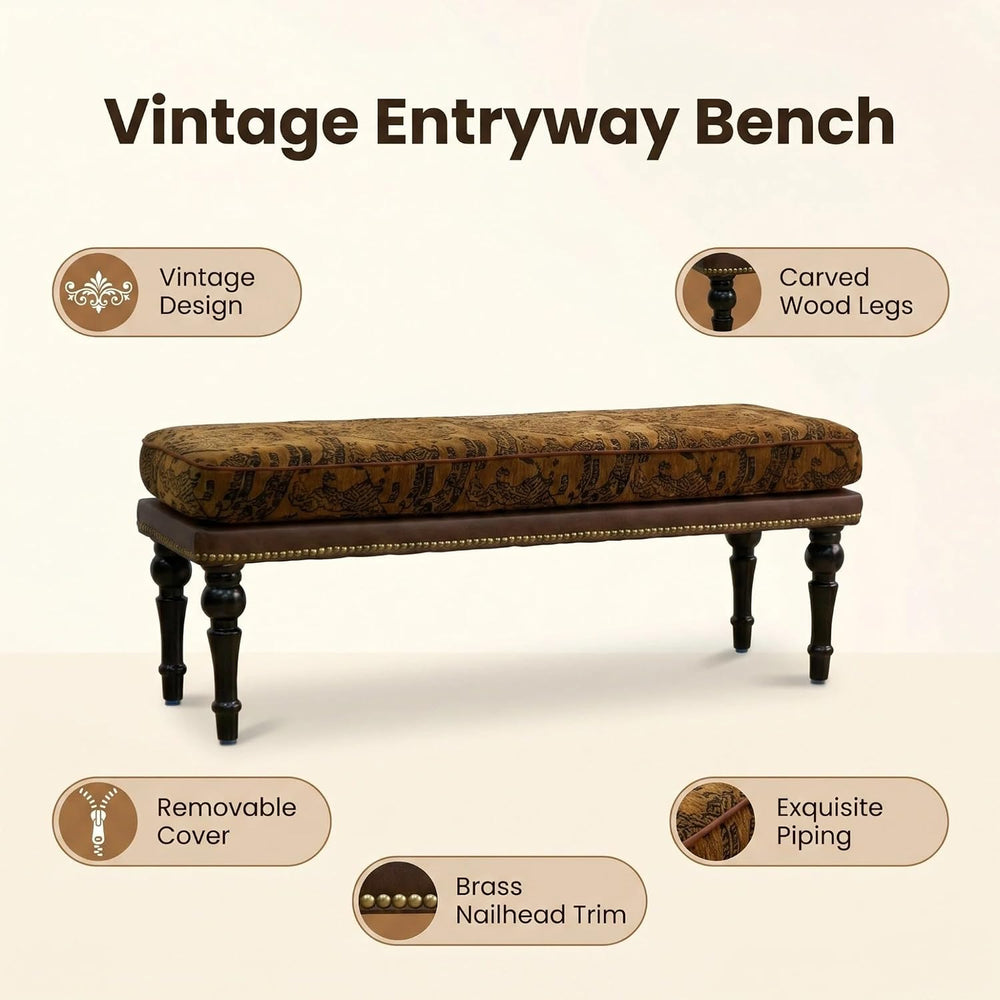 Forteek 47" Vintage Pattern Upholstered End of Bed Bench, Entryway Bench...