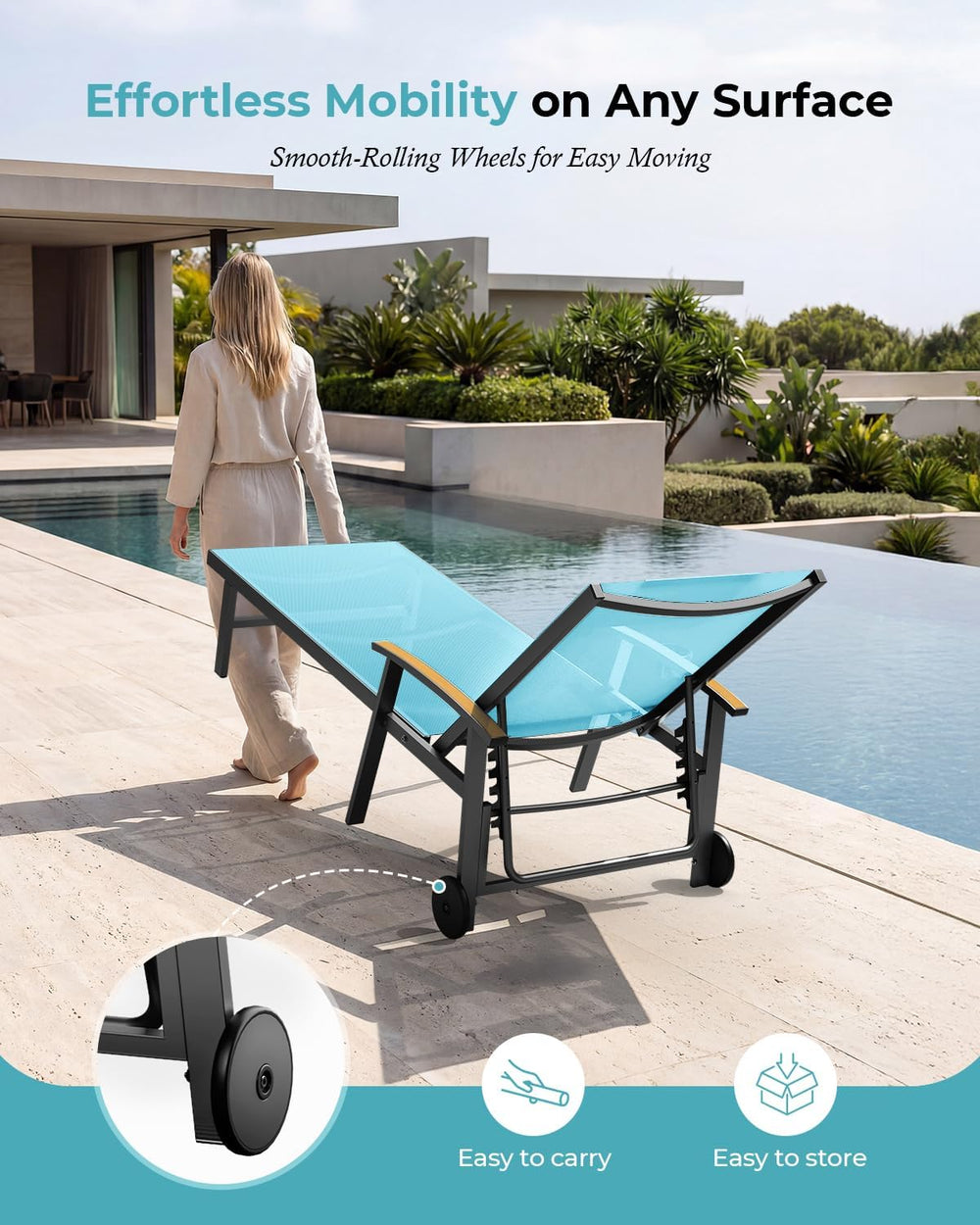 Ciokea Outdoor Lounge Chair with Pillow, 5-Position Chaise Lounge with Wheels...