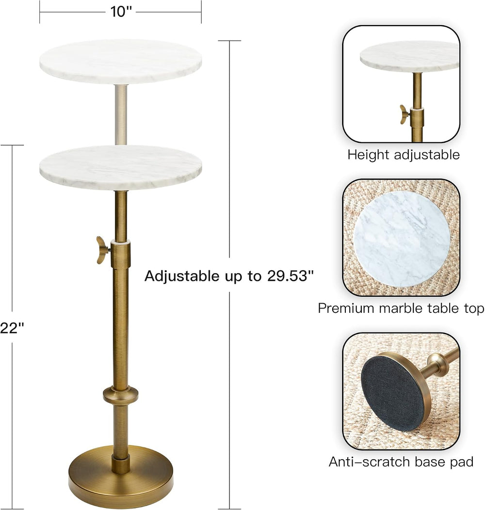 Adjustable 10" White Marble Drink Table with 2 Coasters, Antique Brass ...