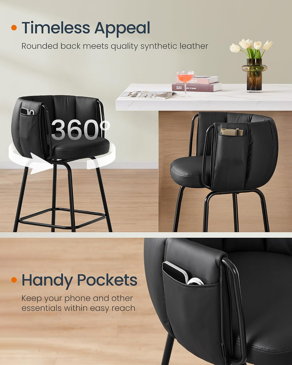 SONGMICS Home Bar Stools Set of 2, 360° Swivel,Bar Height