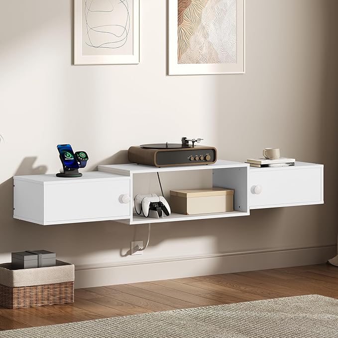 HOOBRO 55" Floating TV Stand with Power Outlet, Modern Wall Mounted Medi...