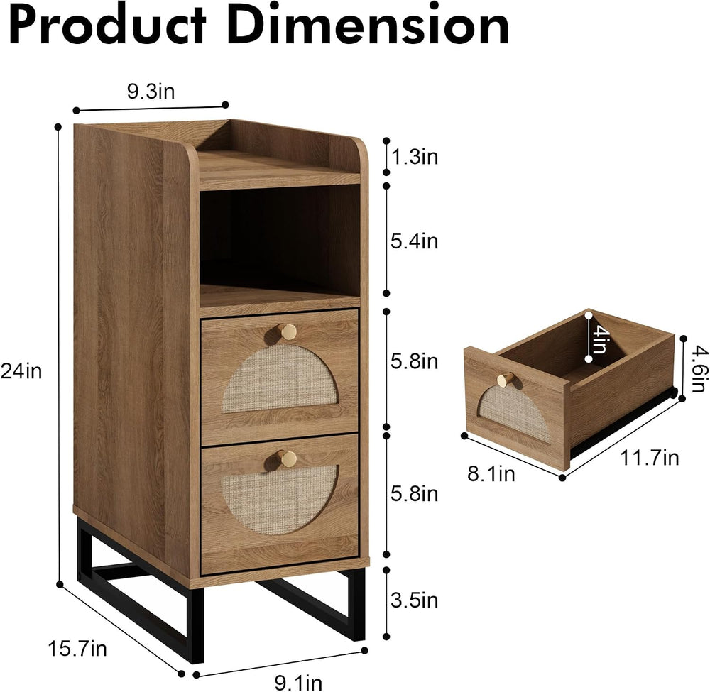 Narrow Nightstand for Small Spaces - 9.3" Slim Side Table with Rattan-We...