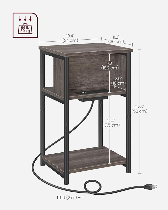 VASAGLE Side Table with Charging Station, 3-Tier End Table with USB Ports and...