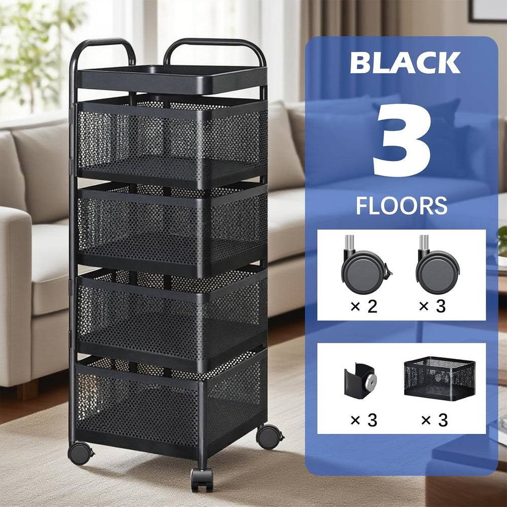 Rotating Kitchen Storage Rack, 4 Tier Rolling Cart with Fruit and Vegetable B...