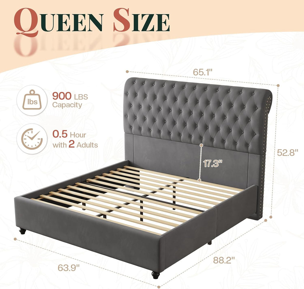 Jocisland Queen Bed Frame 52.8" Sleigh Headboard,Velvet Upholstered, Gray