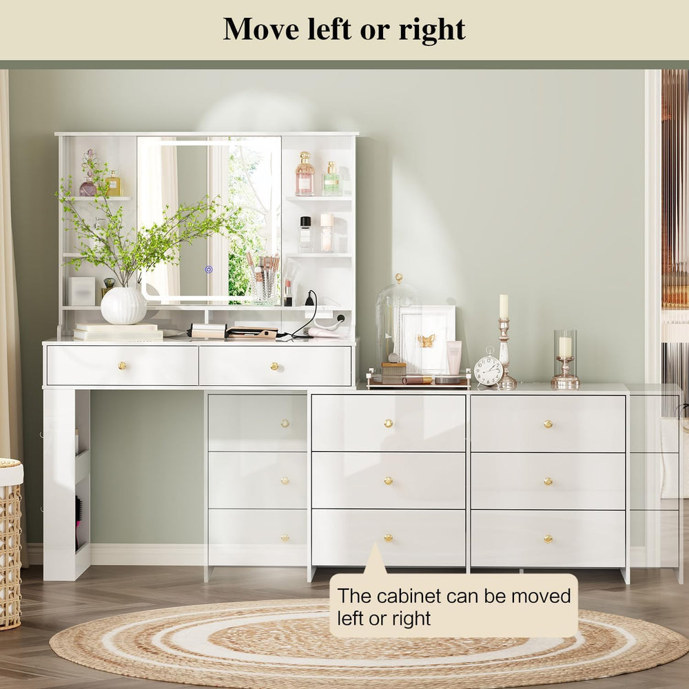 Ieejdn Makeup Vanity Desk with Mirror and Lights, Vanity Desk with 8 Drawers ...