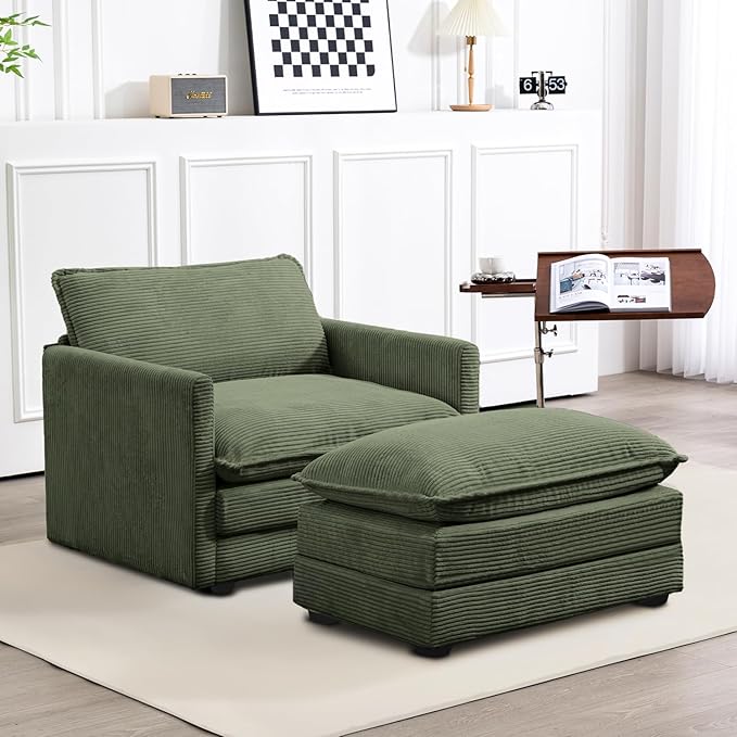 ROWHY Single Armchair with Ottoman, Modern Corduroy Cloud Couch with Converti...