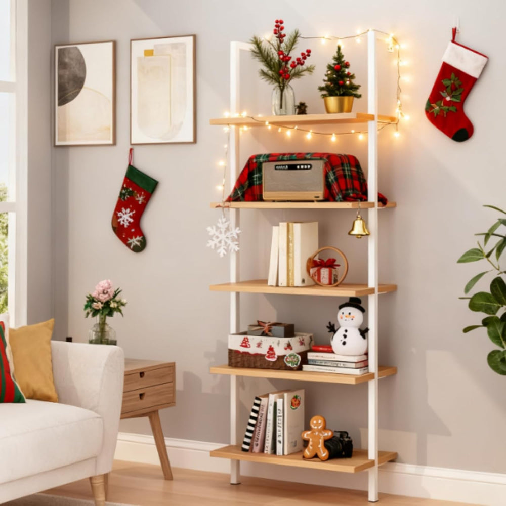 Karl home Oak 5 Tier Wall Mount Ladder Shelf, Metal Frame Open Bookcase