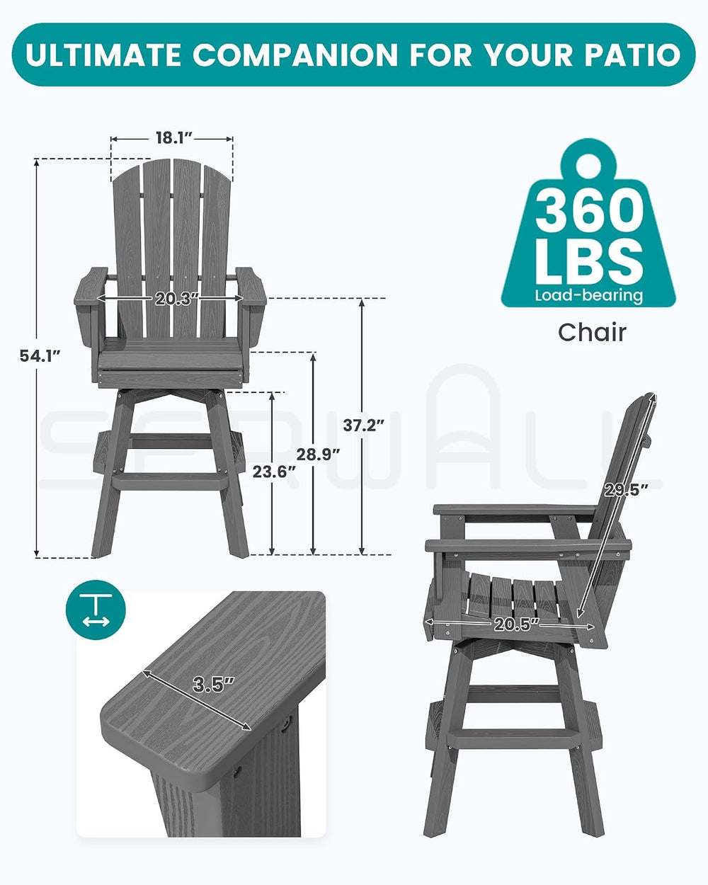 SERWALL Swivel Adirondack Barstools Set of 2, HDPE Outdoor Swivel Bar Chairs ...