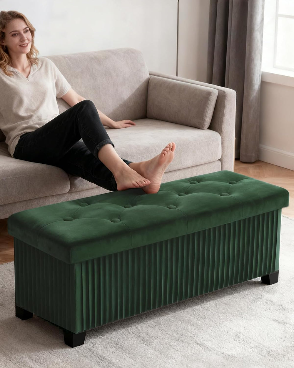 LITZFUR 43 Inches Storage Ottoman Bench, Velvet Foot Rest Stool, Green | Fold...