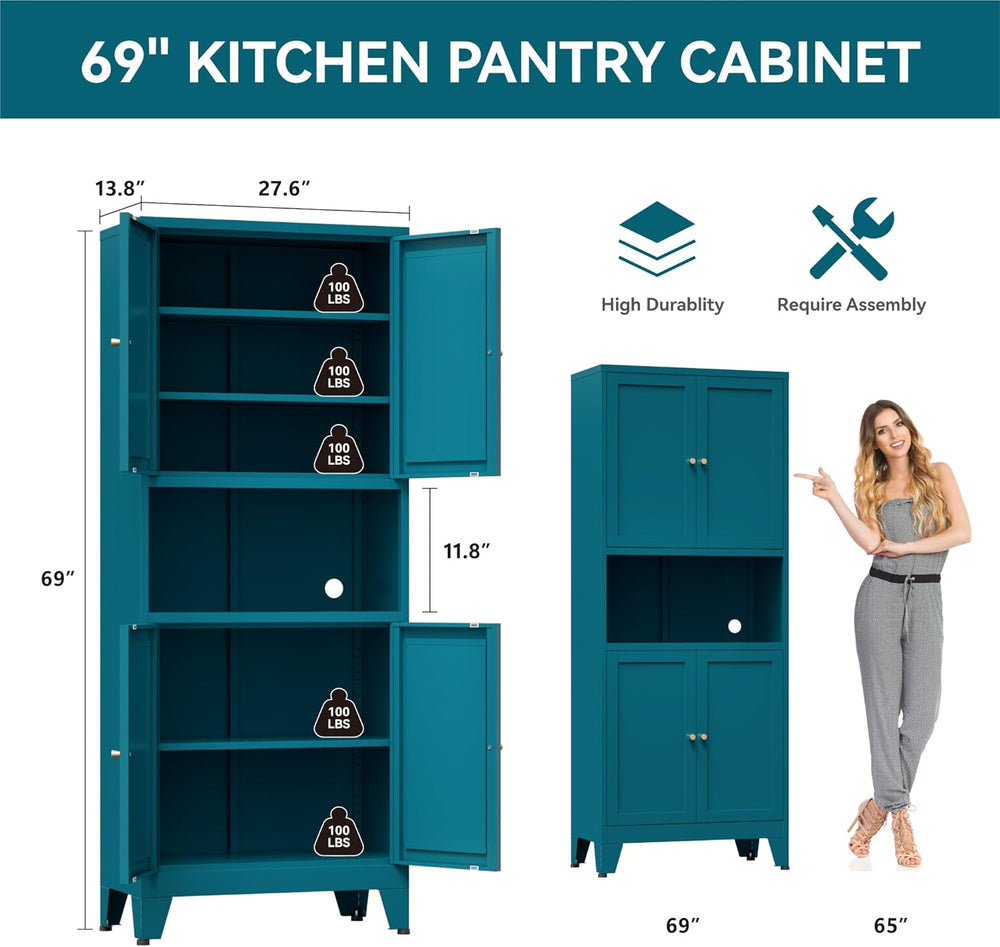 Bevivog Tall Pantry Cabinet with Microwave Shelf, 69" Metal Storage Cabi...