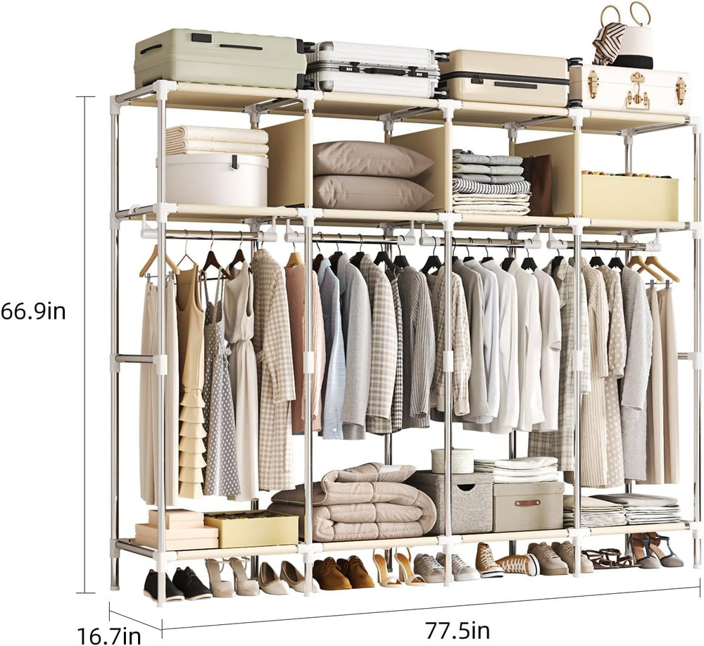 Large Portable Armoire Wardrobe Closet with 4 Hanging Rods and Lockers,Metal ...
