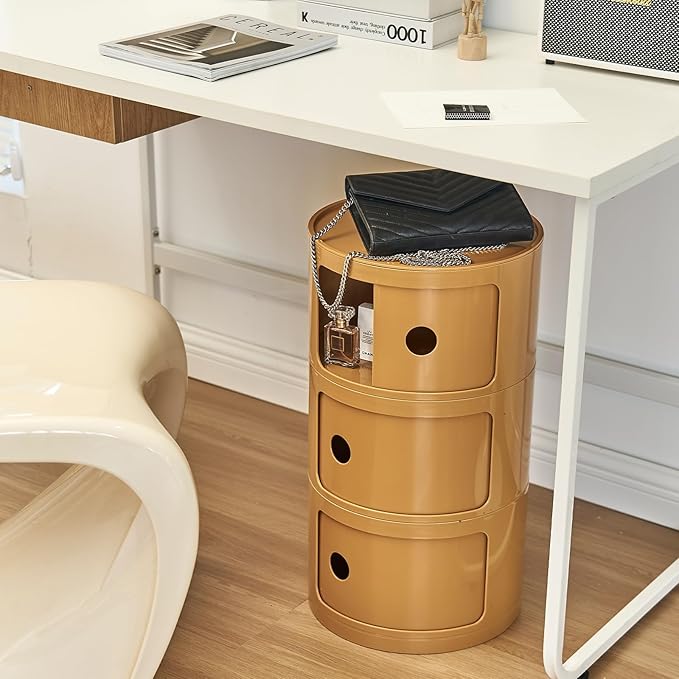 Round Nightstand with 3 Drawers, Modern Style Side Table, Multifunctional End...