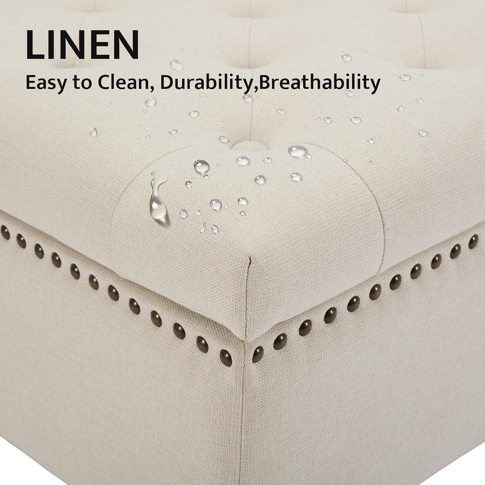Large Square Storage Ottoman Uphlostered Tufted Button Coffee Table, Beige