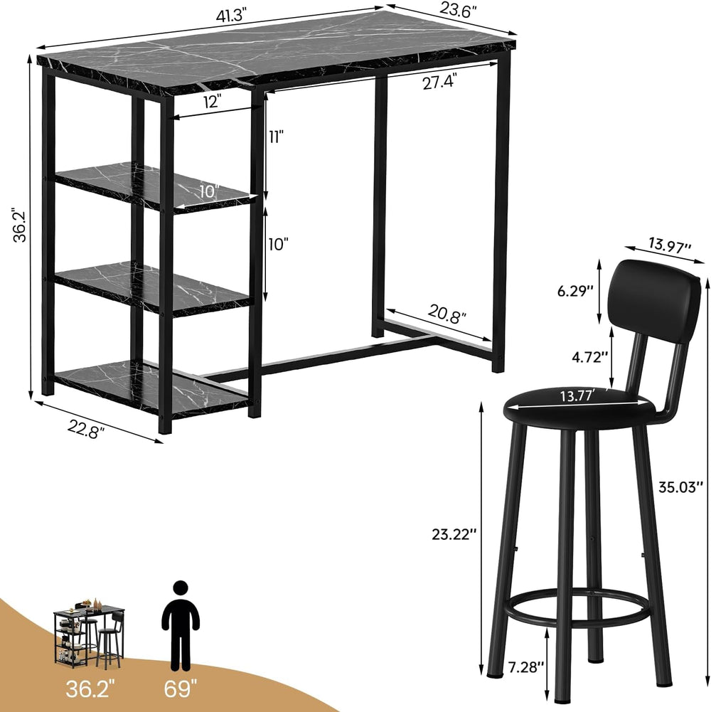 Recaceik Pub Dining Table Set for 2, Table and Bar Stools with 3 Storage Shel...