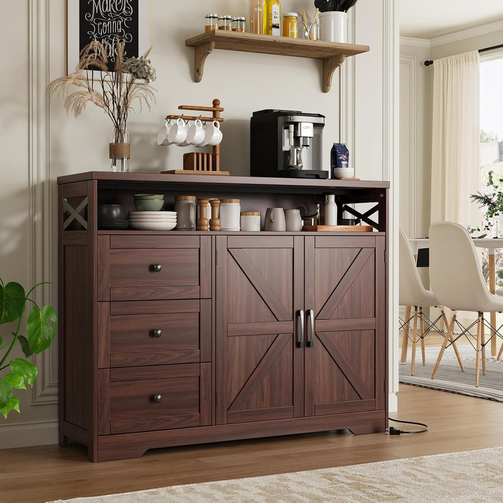47" Dark Brown Farmhouse Storage Cabinet with Barn Doors and Drawers