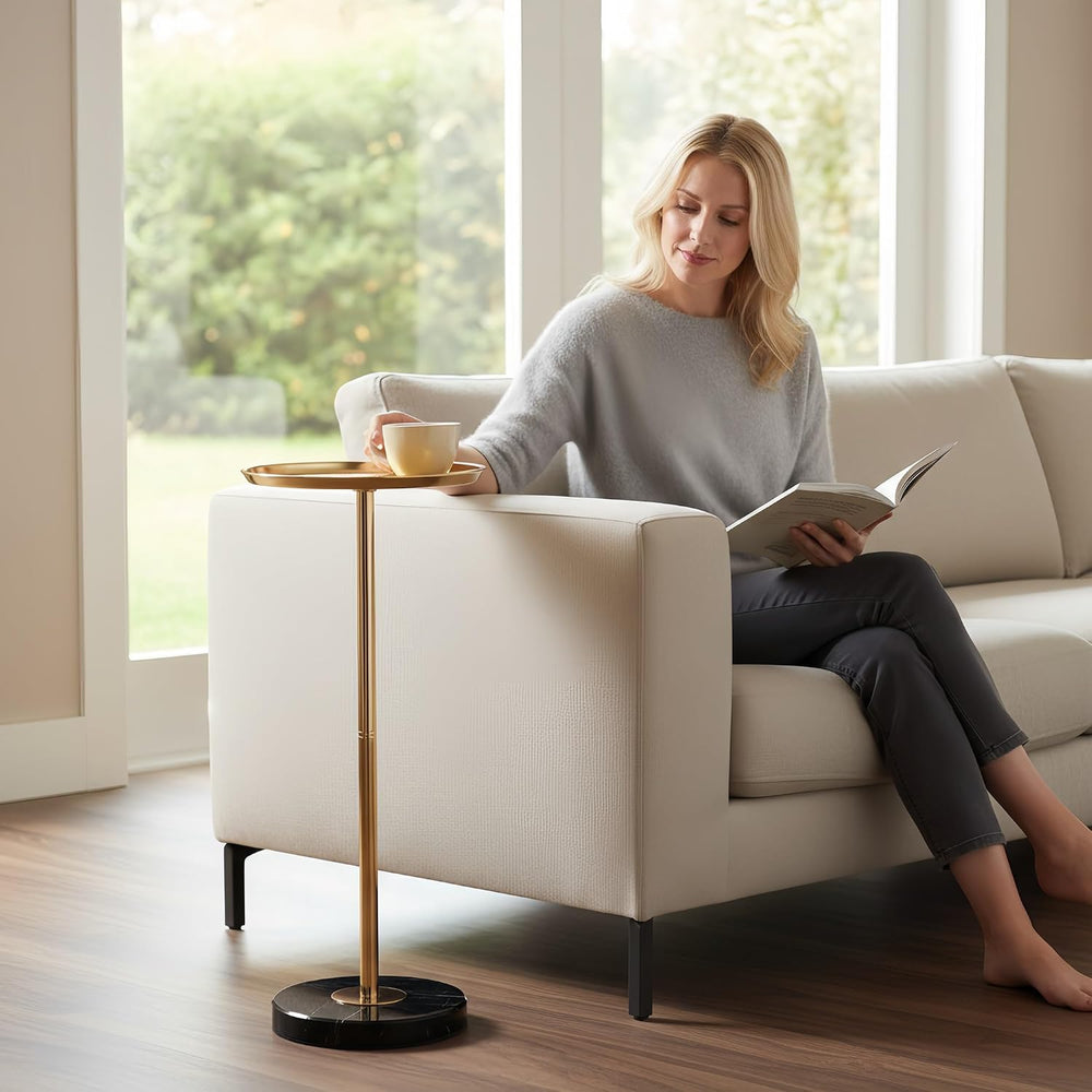 Martini Table Adjustable Drink Table, Small Round Side Table with Natural Mar...