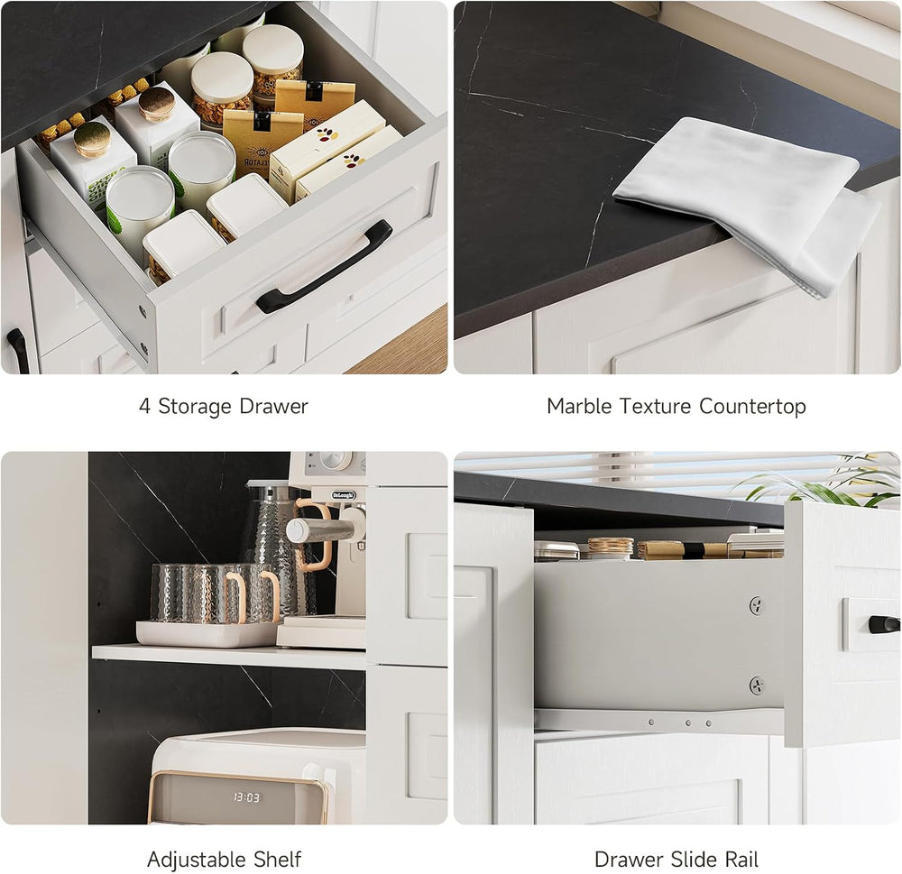 Kitchen Island with 2 Storage Cabinets & 4 Drawers, Black+Imitation Marbl...