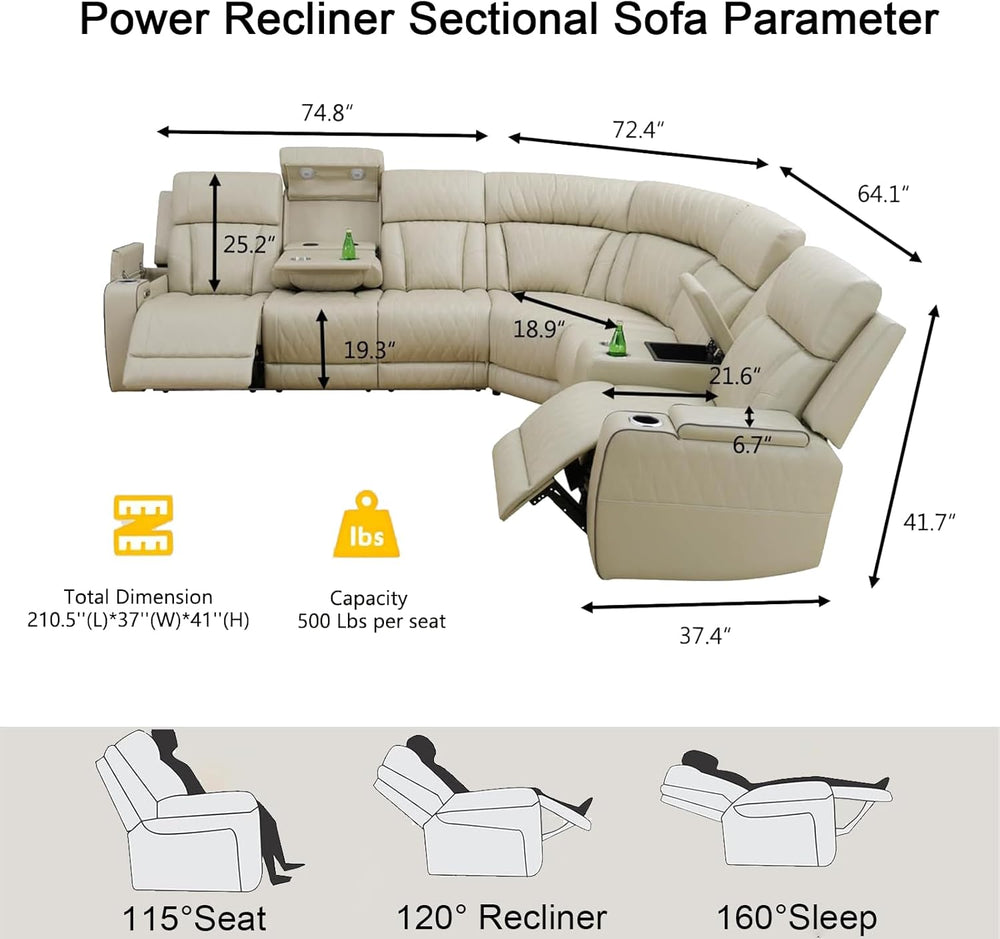 Breathing Leather Reclining Sofa Set,Power Recliner Sectional Couch with LED ...