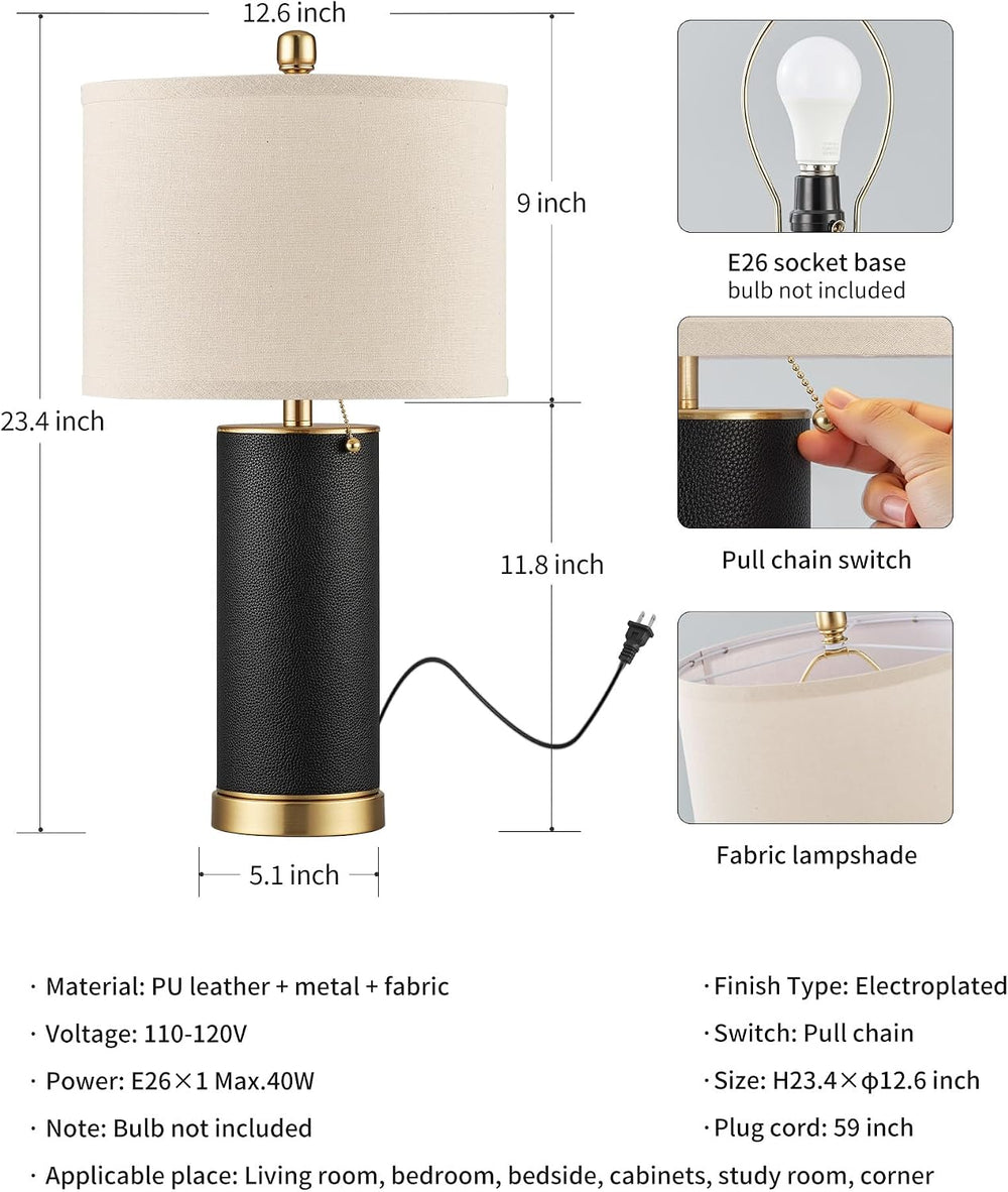 KDG 23.4" Black PU Leather Table Lamps for Living Room Set of 2