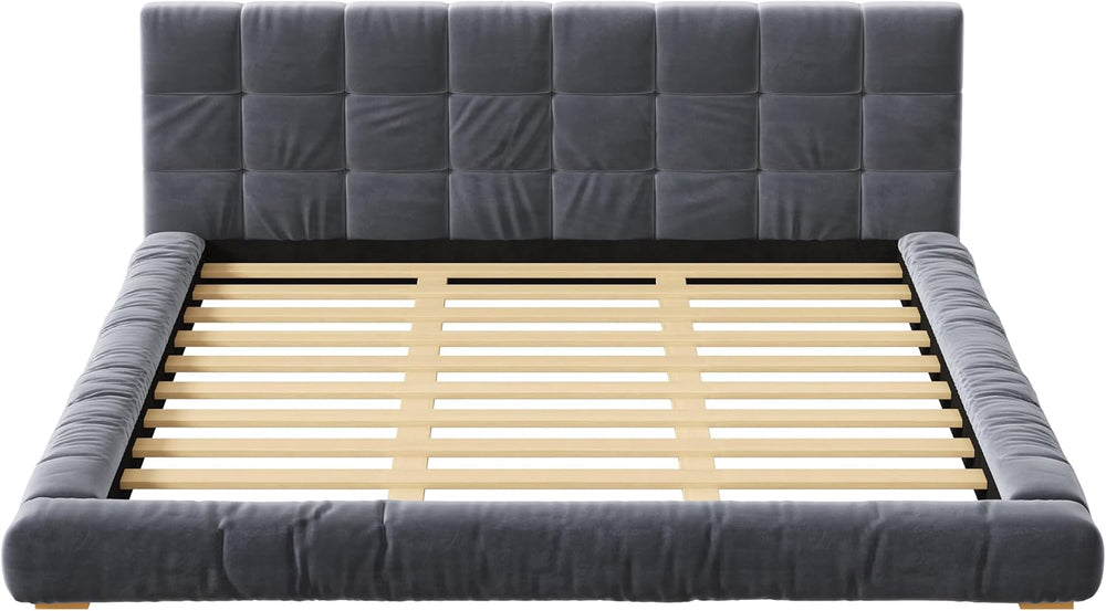 JIVOIT King Size Upholstered Platform Bed, Velvet Headboard Bed Base, Wood Sl...