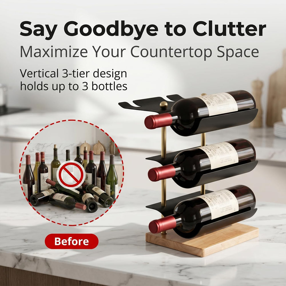 Modern Abstract Wine Rack, Black Metal Wine Holder with Wood Base, 3 Bottle W...