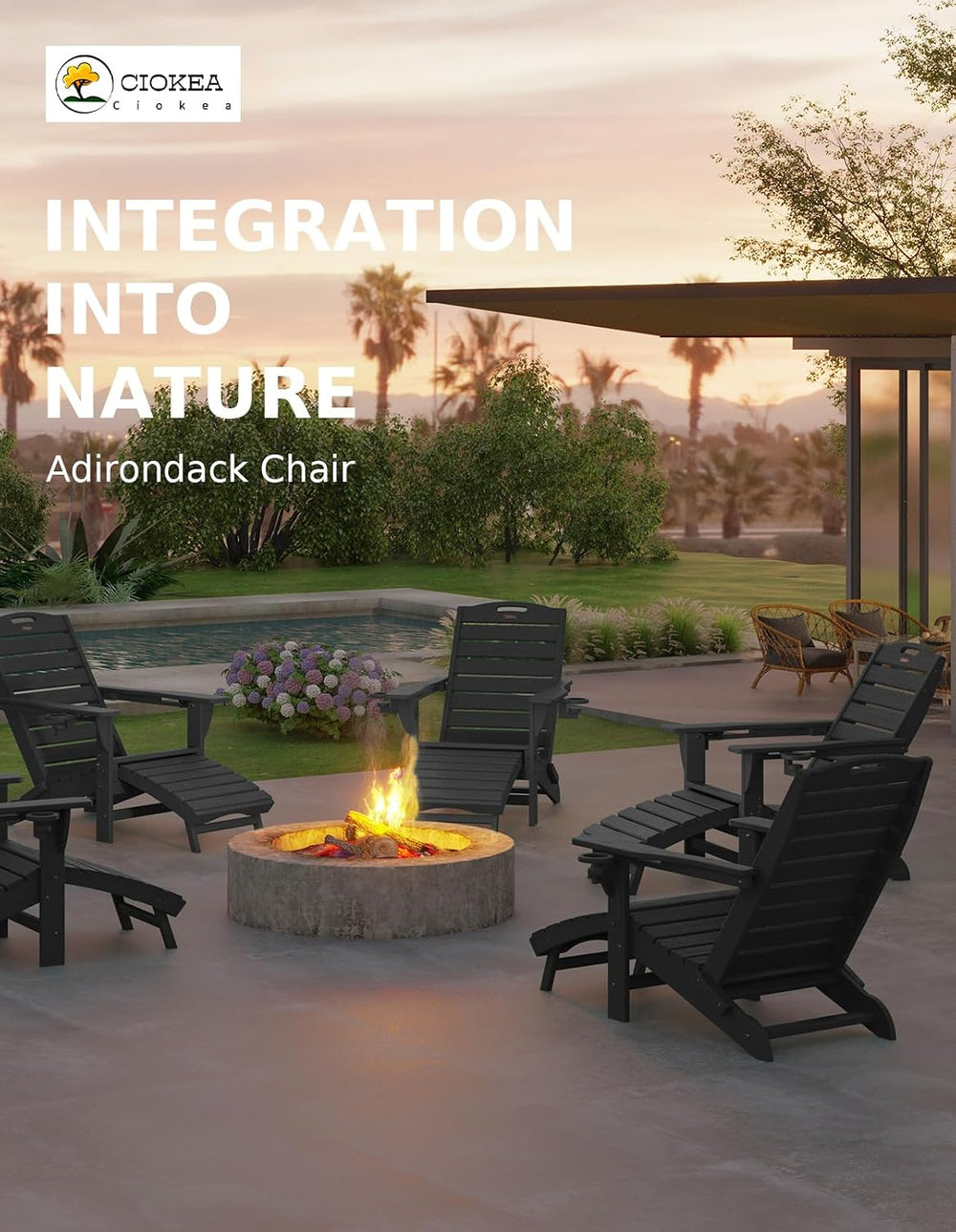 Ciokea HDPE Folding Adirondack Chair with Footrest,Black,6
