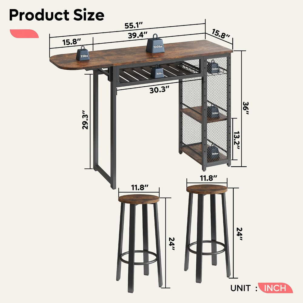 Bestier Expandable Bar Table and Chair Set, 2 Bar Stools, Rustic Brown